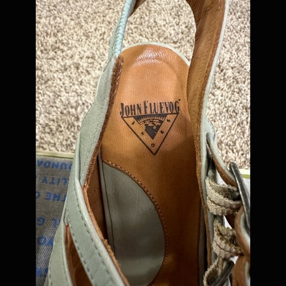 John Fluevog Leather Light Blue Multi Strap Wood Heels Coffee Macchiato Line 8.5 - Picture 2 of 10